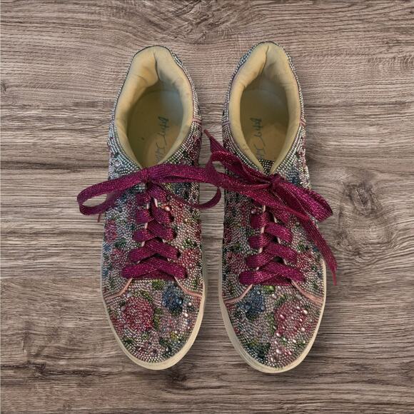 Betsey Johnson Shoes - Betsey Johnson Pink Floral Rhinestone Sneakers with Glitter Laces – Women’s. 9.5
